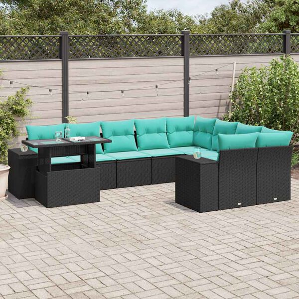 vidaXL 10 Piece Garden Sofa Set with Cushions Black Poly Rattan