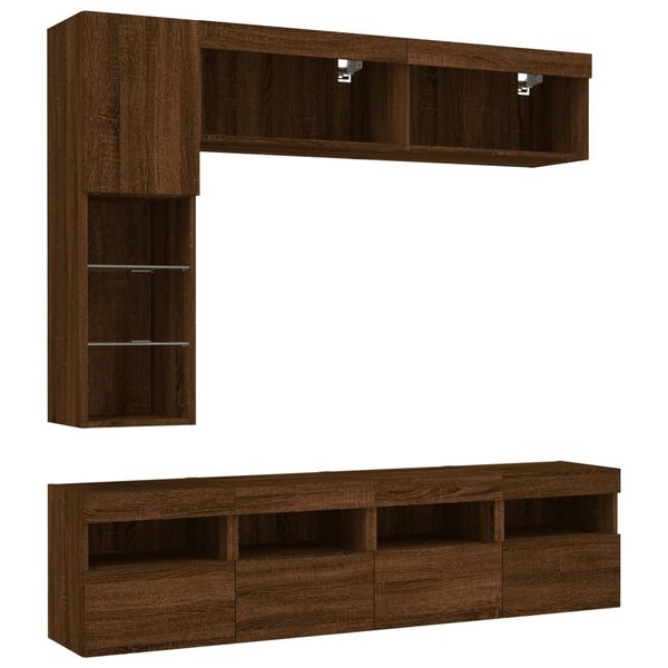 vidaXL 7 Piece TV Wall Stand Set with LED Lights Brown Oak