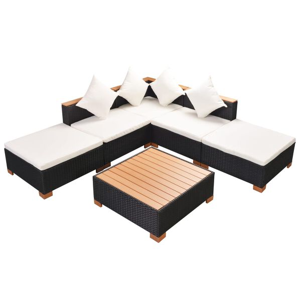 vidaXL Outdoor Sofa Set Black rattan with cream cushions and brown WPC top