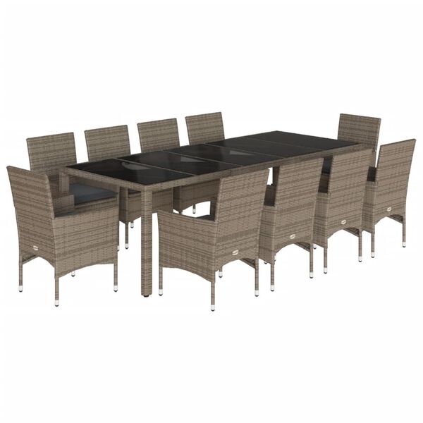 vidaXL 11 Piece Patio Dining Set with Cushions Grey Poly Rattan and Glass