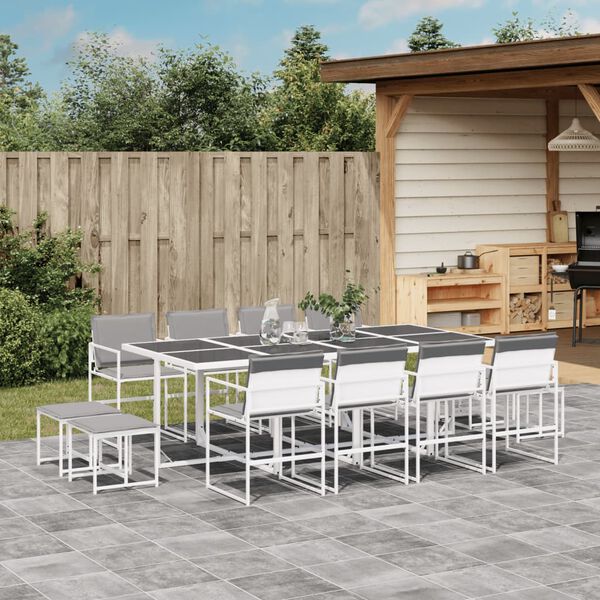 vidaXL Garden Dining Set White Powder-coated steel 13 Piece Set Foldable