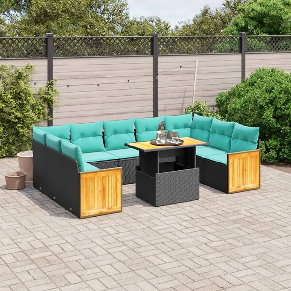 vidaXL 10 Piece Patio Sofa Set with Cushions Black Poly Rattan