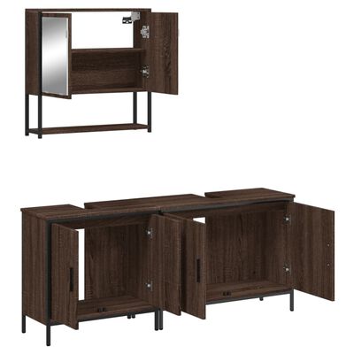 Wall cabinet with mirror open, and a long dark wood vanity with multiple doors.