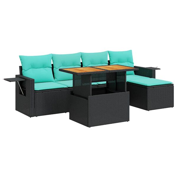 vidaXL 6 Piece Patio Sofa Set with Cushions Black Poly Rattan
