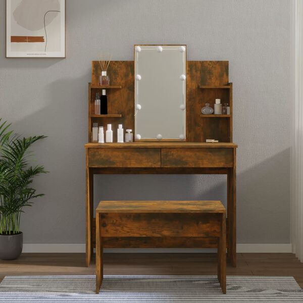 vidaXL Dressing Table Set With LED Smoked oak Engineered wood, acrylic