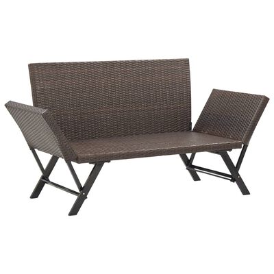 Brown wicker loveseat with integrated side table on left and right armrest