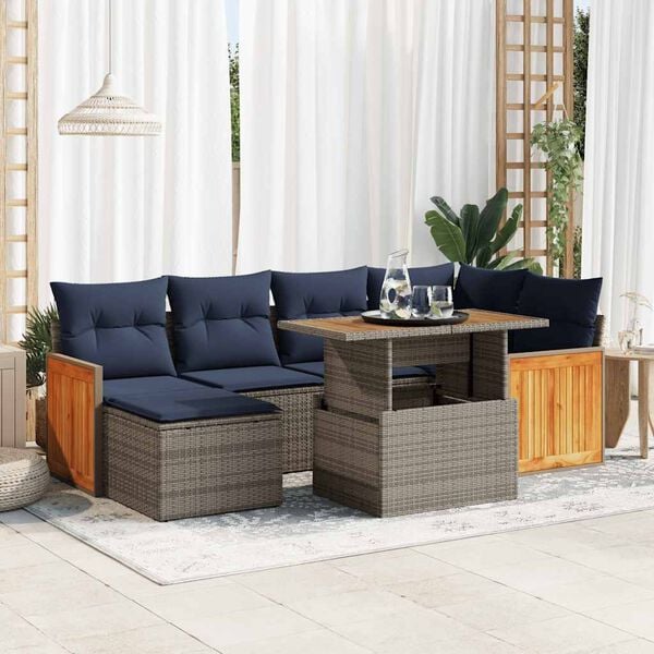vidaXL 7 Piece Patio Sofa Set with Cushions Black Poly Rattan Acacia