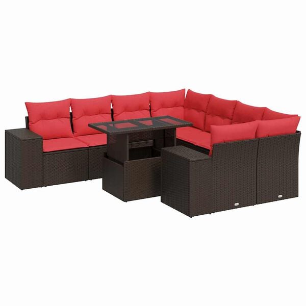 vidaXL 9 Piece Patio Sofa Set with Cushions Brown Poly Rattan Acacia