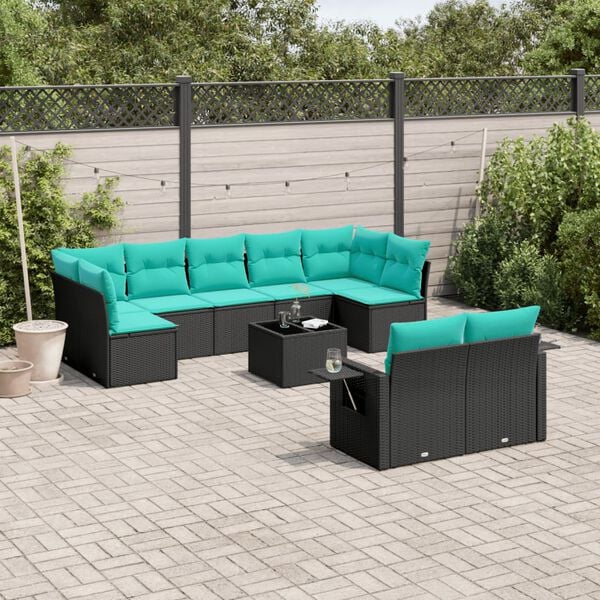 vidaXL 10 Piece Patio Sofa Set with Cushions Black Poly Rattan