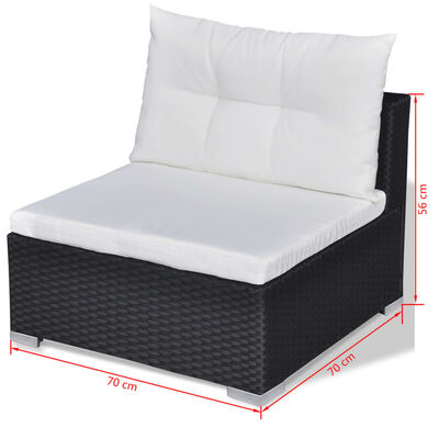 Armchair with white cushions and dimensions 70x70x56 cm labeled in red.
