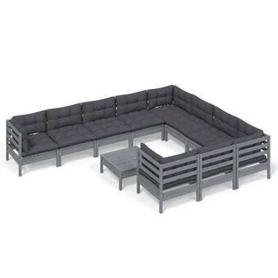 vidaXL 11 Piece Patio Lounge Set with Cushions Gray Pinewood