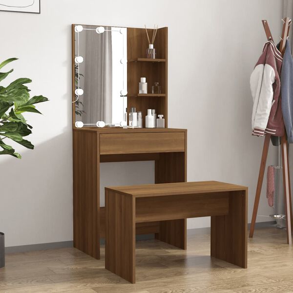 vidaXL Dressing Table Set With Led Brown oak Engineered wood, acrylic