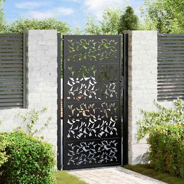vidaXL Garden Gate Black 39.4x68.9" Steel Leaf Design