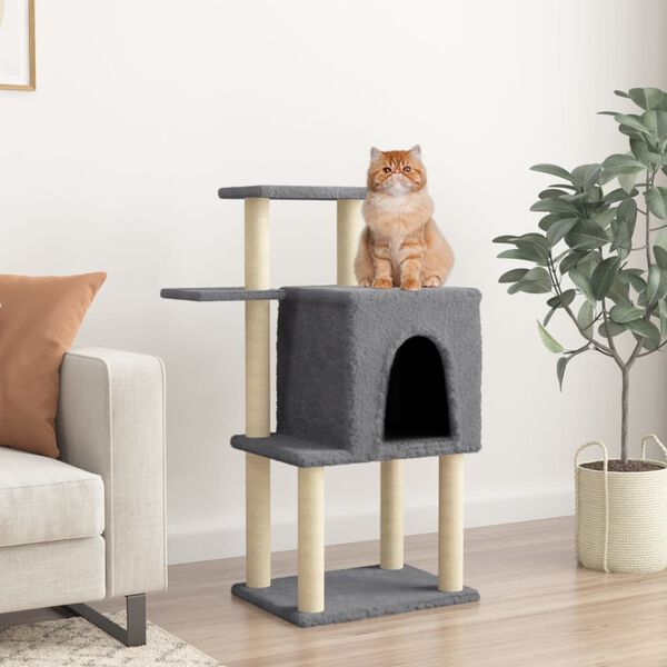 vidaXL Cat Tree Dark Grey Engineered Wood, Plush, Sisal 38.2 in Durable