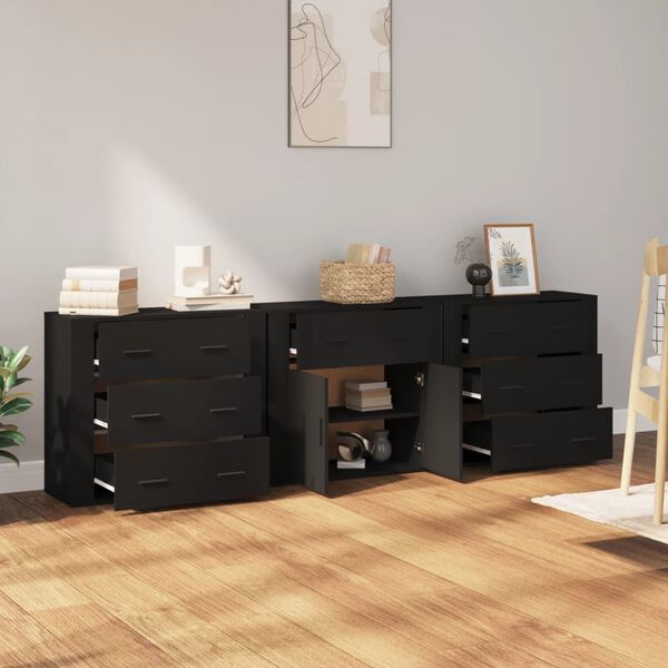 vidaXL Sideboard Set of 3 Black Engineered wood Medium Sideboard