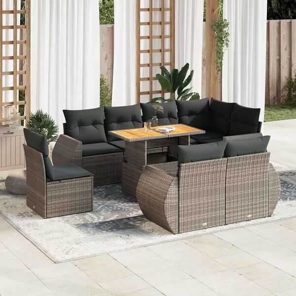 vidaXL Garden Sofa Set Grey PE rattan 9 Piece Set Adjustable Armrests