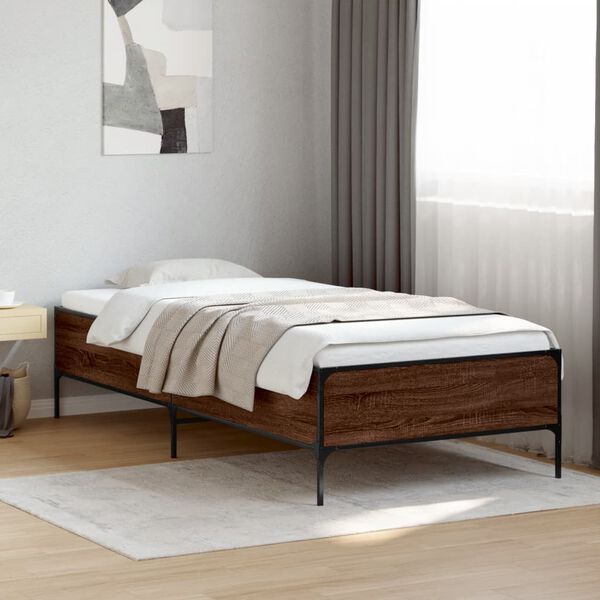 vidaXL Bed Frame Brown Oak Engineered Wood, Metal Twin Durable