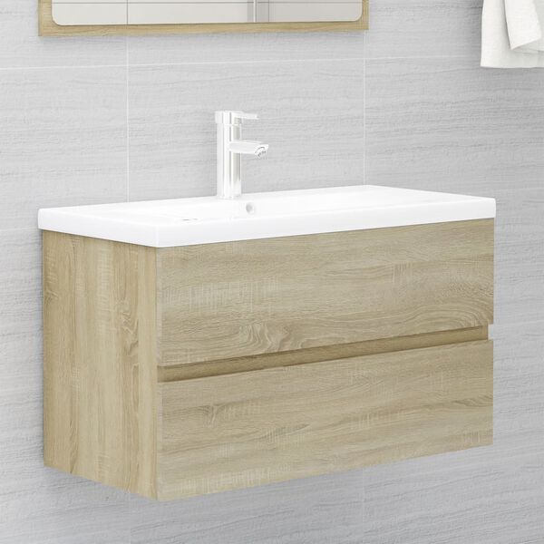 vidaXL Sink Cabinet With Basin Sonoma Oak, White Engineered Wood, Ceramic