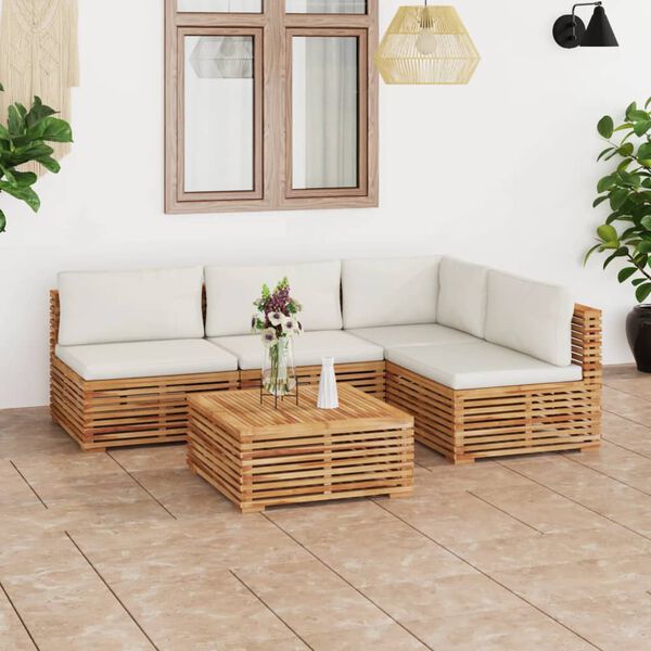 vidaXL 5 Piece Patio Lounge Set with Cream Cushion Solid Teak Wood