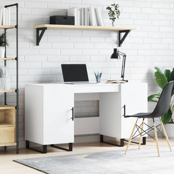 vidaXL Desk White Engineered wood, Iron 55.1 in long Desk Rectangular