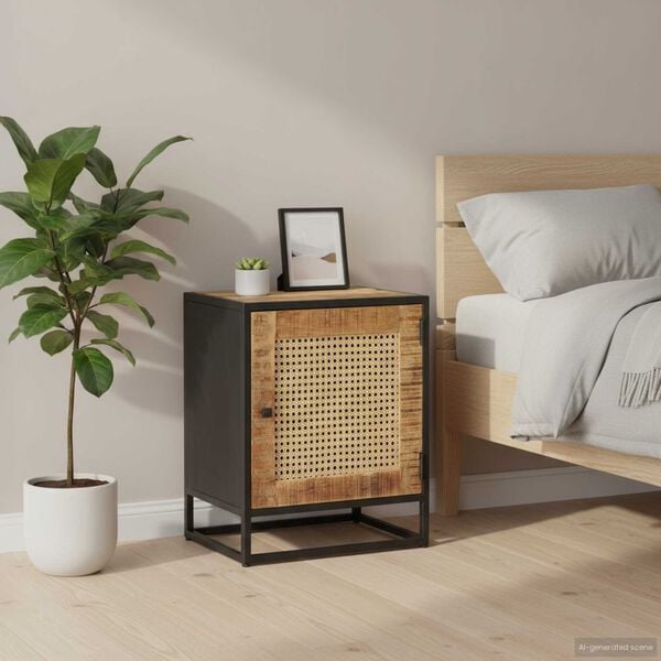 vidaXL Bedside Cabinet Rough Mango Wood, Natural Cane