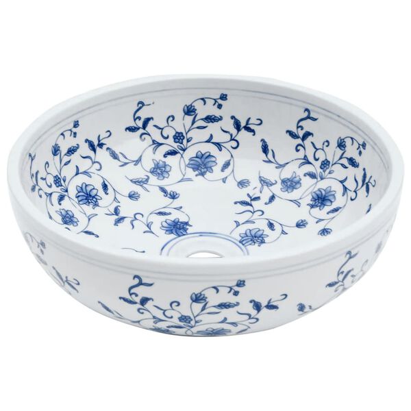 vidaXL Countertop Basin White and Blue Round Φ16.1x5.5" Ceramic