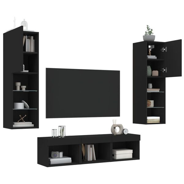 vidaXL TV Wall Unit Set of 5 Black Engineered wood, Glass Medium