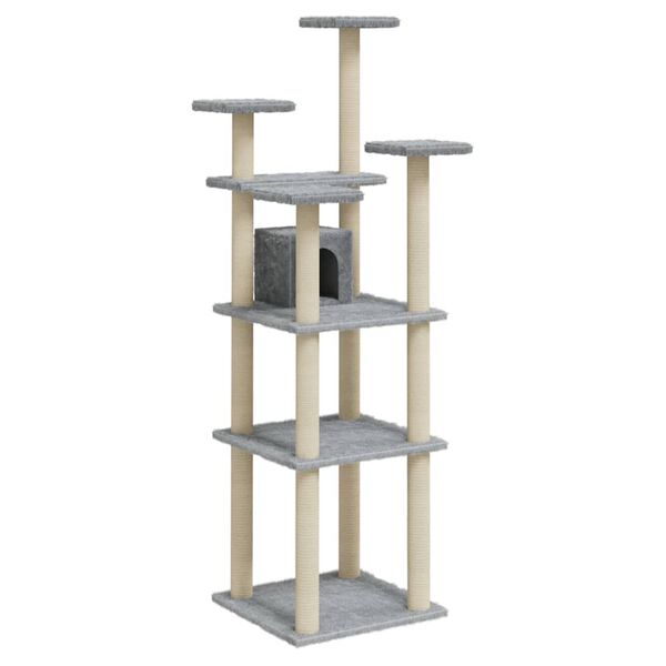 vidaXL Cat Tree Light Grey Engineered Wood, Plush, Sisal 67.3 in Tall
