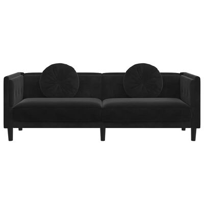 A black sofa with two seats and two round cushions, facing forward.
