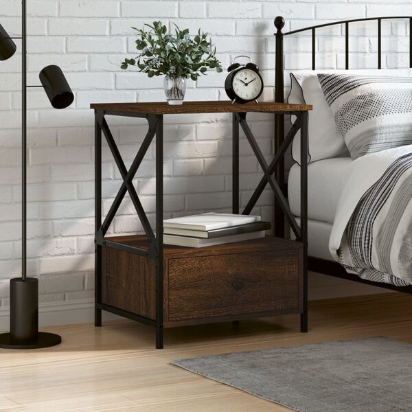 vidaXL Bedside Table Brown Oak Engineered Wood, Iron Medium