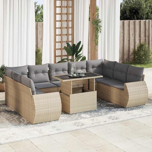 vidaXL Garden Sofa Set Beige PE Rattan Large Adjustable Armrests