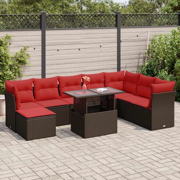 vidaXL 9 Piece Patio Sofa Set with Cushions Brown Poly Rattan Acacia