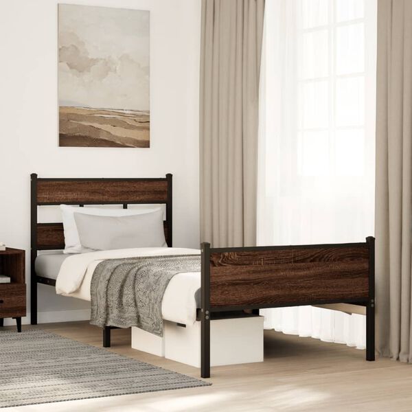 vidaXL Bed Frame Brown Oak Steel, Engineered Wood Twin Bed Frame