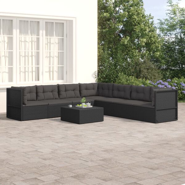 vidaXL 7 Piece Patio Lounge Set with Cushions Black Poly Rattan