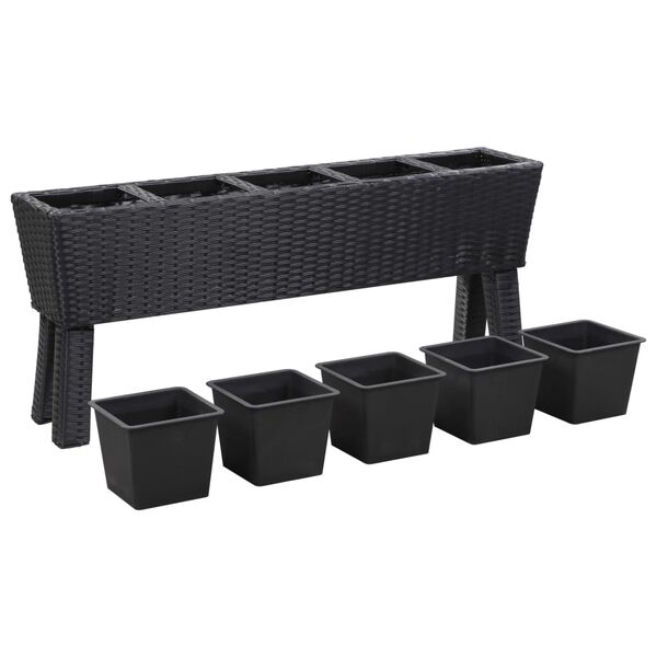 vidaXL Garden Raised Bed with Legs and 5 Pots 46.4"x9.8"x19.7" Poly Rattan Black