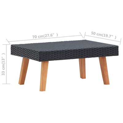 Rectangular dark wicker coffee table with wooden legs.