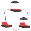 vidaXL Double Sun Lounger with Cushions&Parasol Brown Poly Rattan