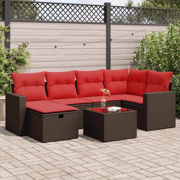 vidaXL 7 Piece Patio Sofa Set with Cushions Brown Poly Rattan