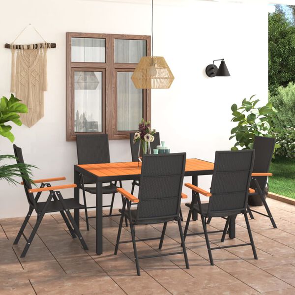 vidaXL Dining Set Black and Brown PE Rattan, WPC, Aluminium Medium