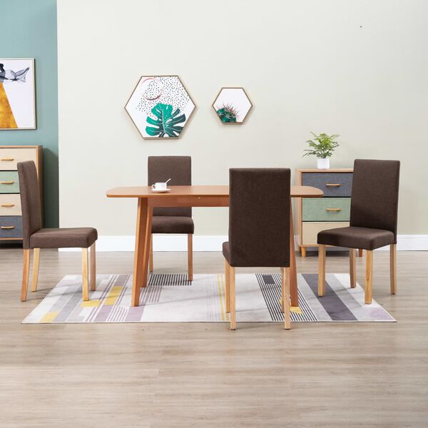 vidaXL Dining Chair Set of 4 Brown Fabric and Solid Rubber Wood Medium