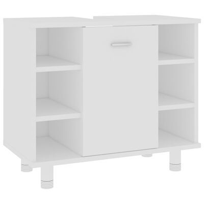 White sideboard with multiple shelves and central cabinet on short legs.