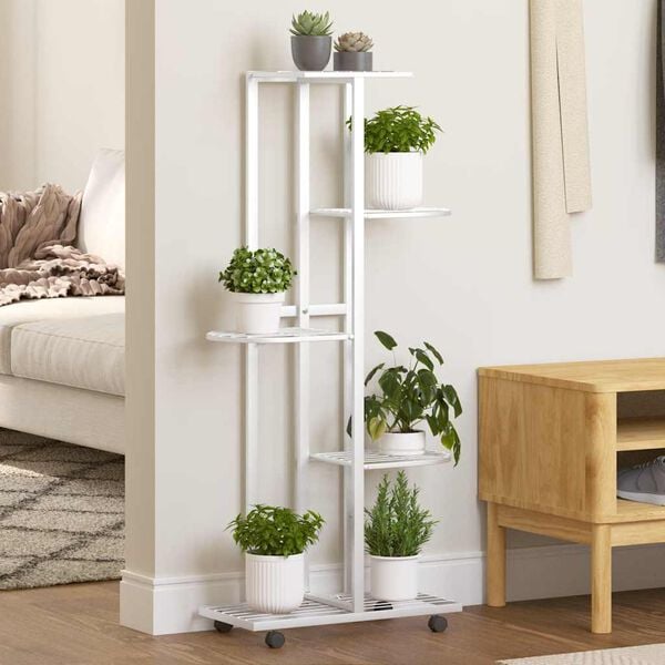vidaXL Flower Stand White Iron Tall Rollable Flower Stand