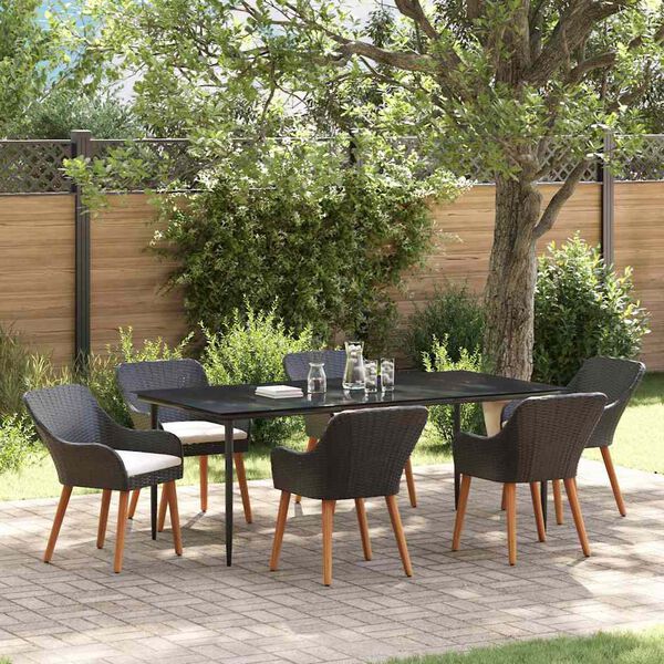 vidaXL Garden Dining Set with Cushion 7 pcs Black Poly Rattan