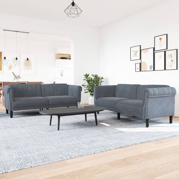 vidaXL Sofa Set Dark grey Velvet (100% polyester), plywood, solid wood