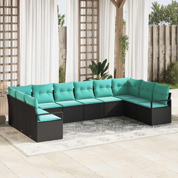 vidaXL Sofa Set with Cushion 10 pcs Black Poly Rattan