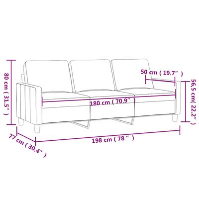 Line drawing with dimensions for a dark green sofa: width 198 cm, seat width 180 cm, height 80 cm, depth 77 cm, arm height 65.5 cm.