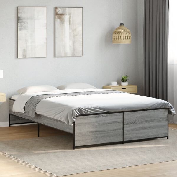 vidaXL Bed Frame Grey sonoma Engineered wood, Steel 55.1 x 74.8 in