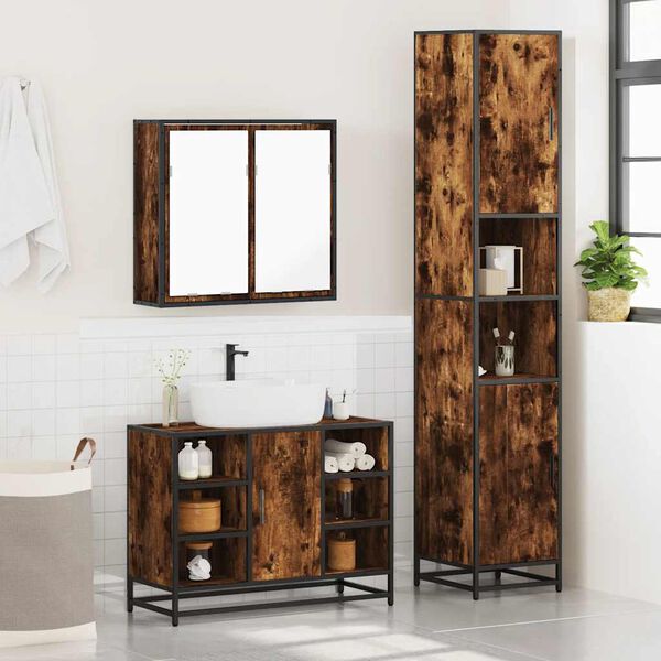 vidaXL Bathroom Furniture Set Smoked oak Engineered wood, metal, glass