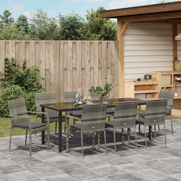 vidaXL Garden Dining Set with Cushion 9 pcs Grey Poly Rattan