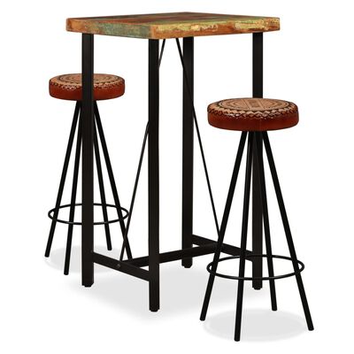 vidaXL Bar Set 3 Pieces Solid Reclaimed Wood, Genuine Leather & Canvas